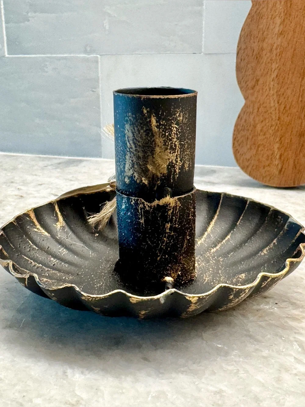 New Rustic Style Matte Black Fluted Metal Taper Candle Holder w/ Ring Handle